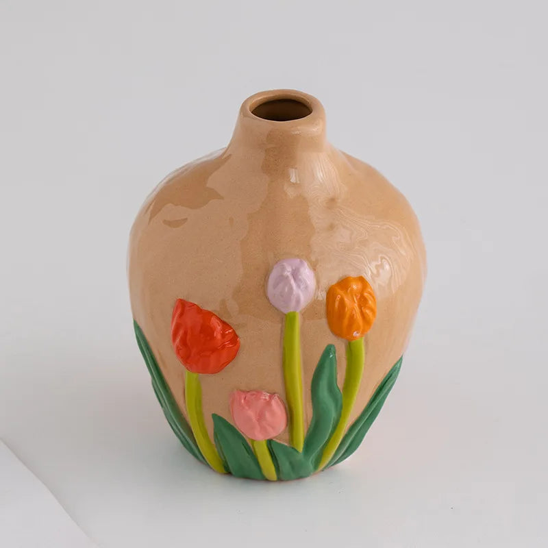 Afralia™ Ceramic Tulip Vase: Handmade Vintage 3D Flower Arrangement Home Decor