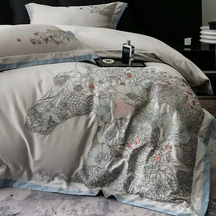 Afralia™ Cotton Flowers Horse Embroidery Luxury Bedding Set - Duvet Cover, Bed Sheet, Pillowcases