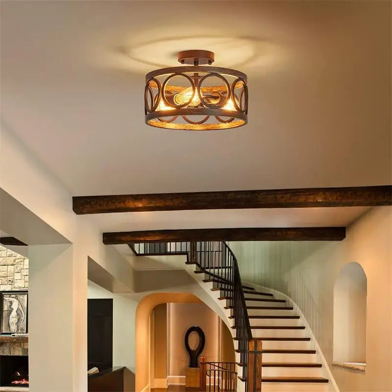 Afralia™ Industrial Farmhouse Chandelier Retro Iron Wood Grain Ceiling Light