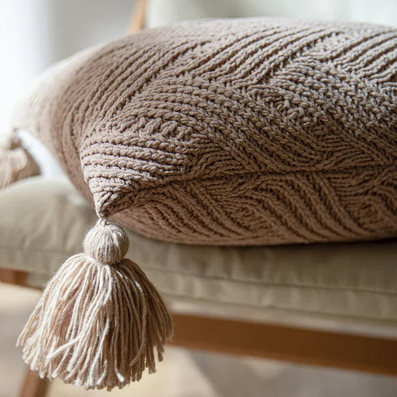 Afralia™ Twill Knit Cushion Cover 45x45cm, Solid Pillow Case with Tassels, Home Decor Square