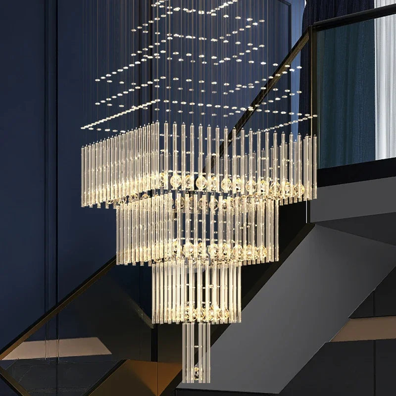 Afralia™ Crystal Ceiling Chandelier: Modern Columnar Square Base Hanging Lamp for Living Room & Staircase