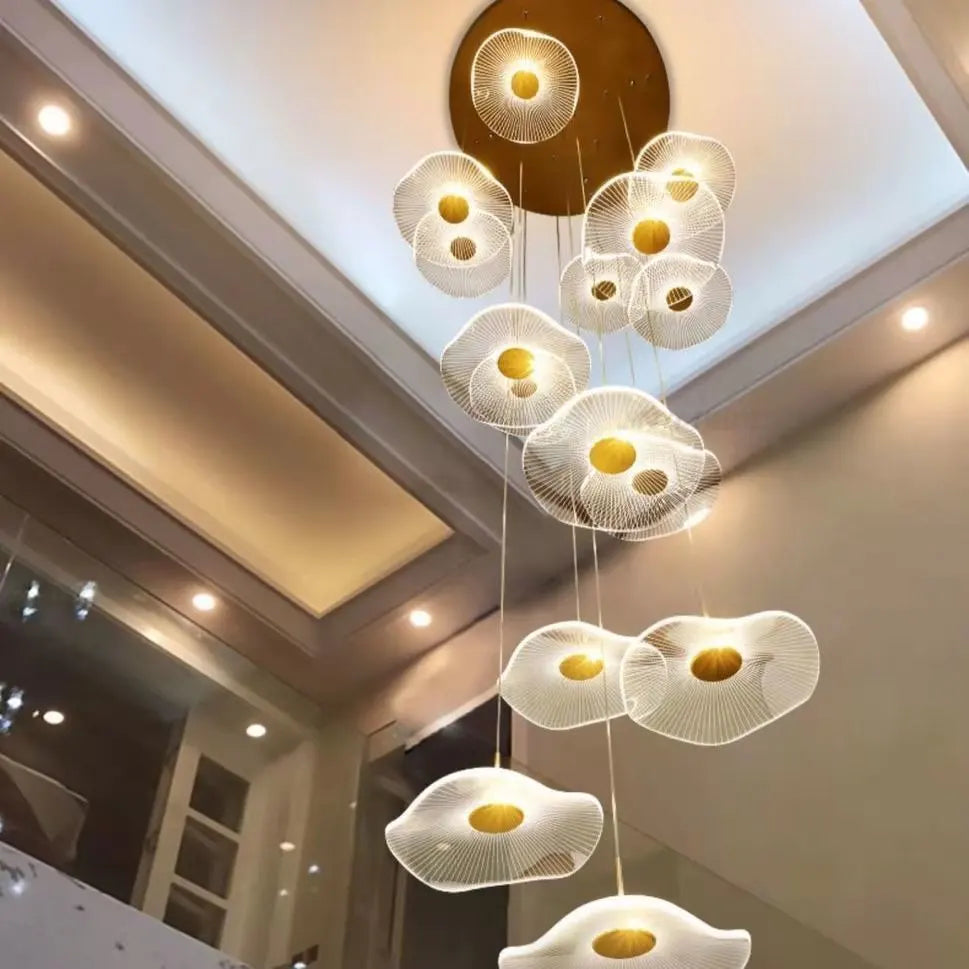 Afralia™ Modern LED Lotus Chandelier for Staircase Dining Room Luxury Gold Hanging Lamp