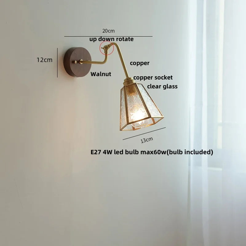 Afralia™ Copper Rotate Arm LED Wall Light: Clear Glass Walnut Bedside Lamp