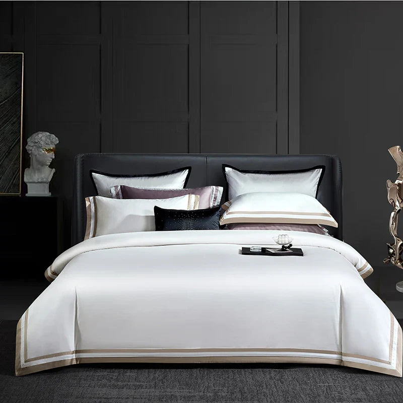 Afralia™ Luxury White Gray Hotel Style Embroidery Bedding Set, Silky Soft 1400TC Egyptian Cotton