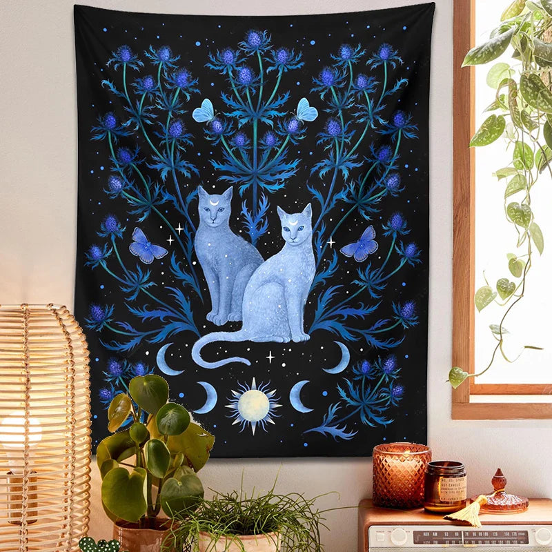 Afralia™ Cat Tapestry Wall Hanging Moon Sun Moth Leaf Flower Occult Home Decor