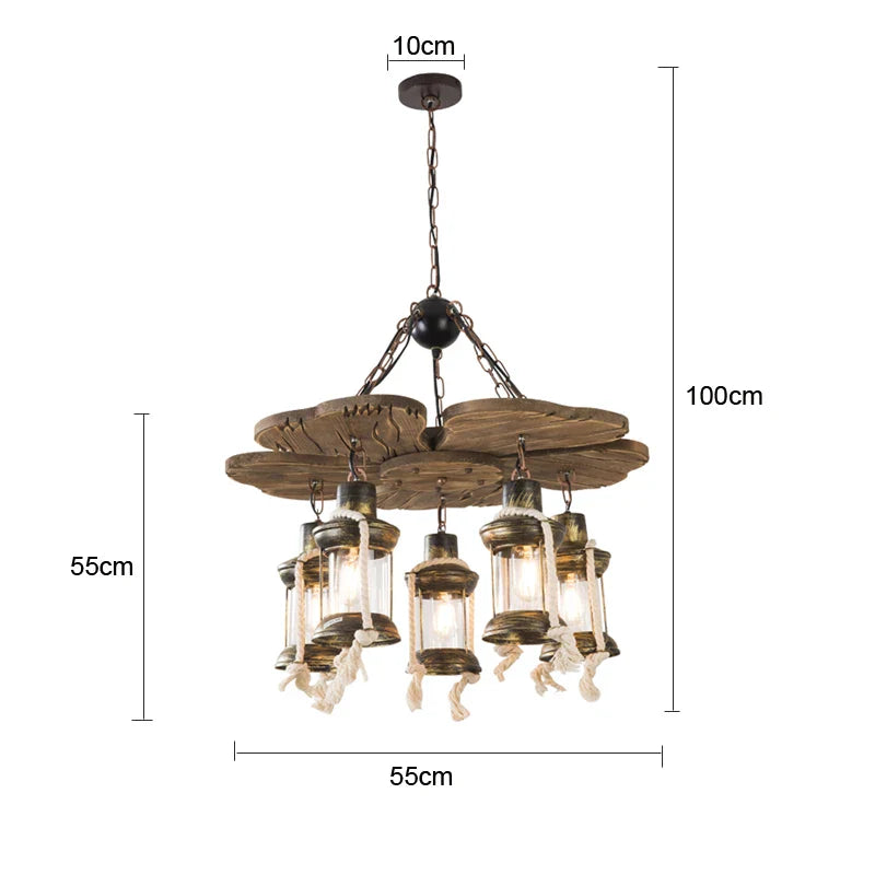 Afralia™ Loft Vintage Industrial Chandelier for Dining Room and Bar, Glass and Wood Pendant Lamp