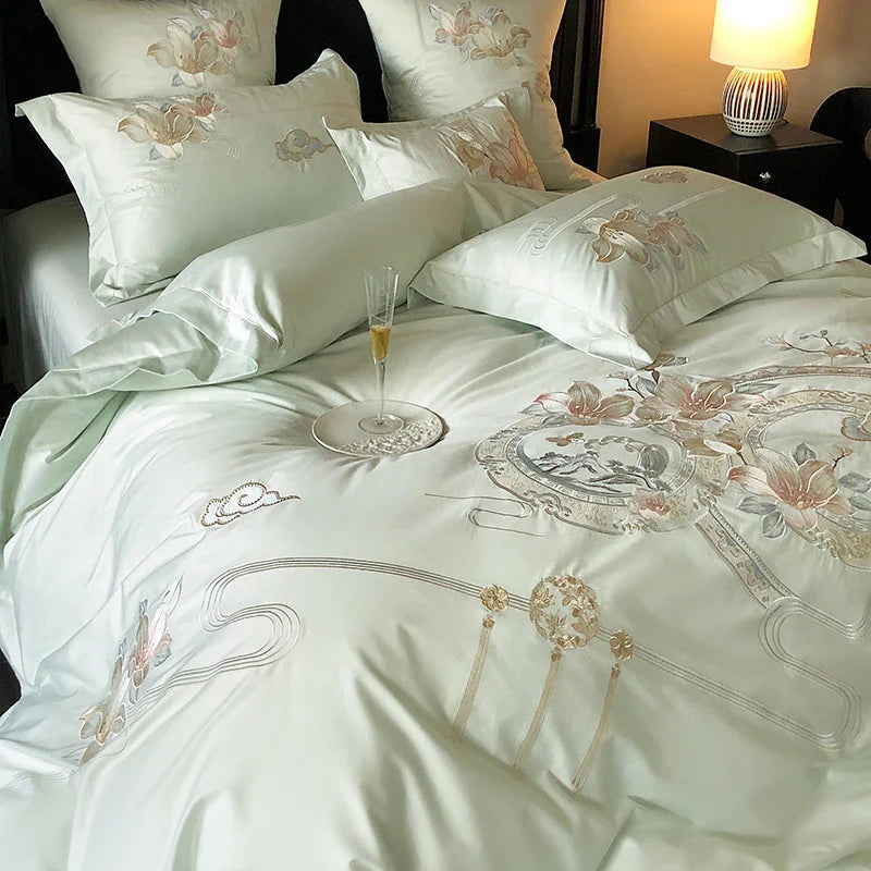 Afralia™ Luxe Floral Bird Embroidery 1000TC Egyptian Cotton Bedding Set
