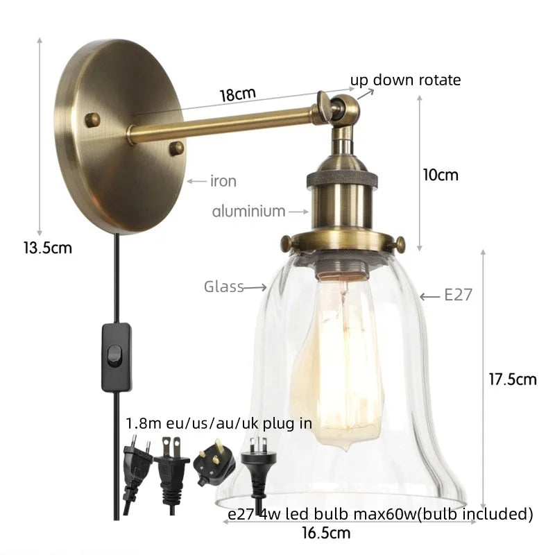 Afralia™ Vintage LED Wall Sconce Pull Chain Switch Glass Country Mirror Light