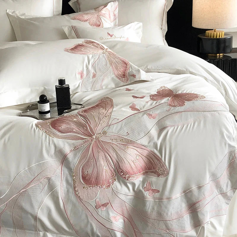 Afralia™ White Luxury Butterfly Embroidery Bedding Set - Queen King Size
