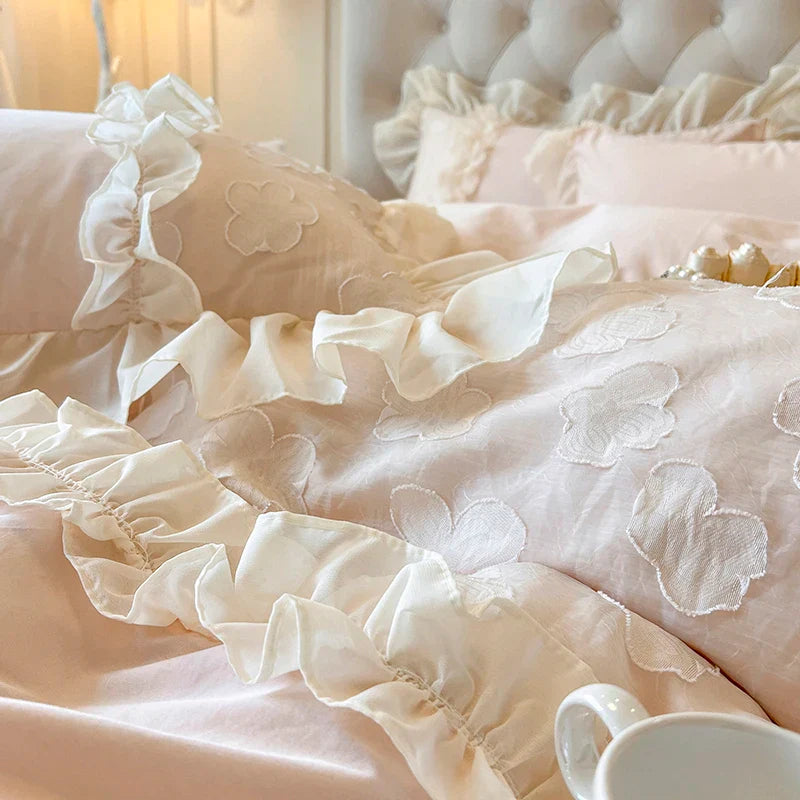 Afralia™ Princess Flowers Lace Ruffles Bedding Set: 100% Cotton Duvet Cover, Fitted Sheet, Bed Sheet, Pillowcases