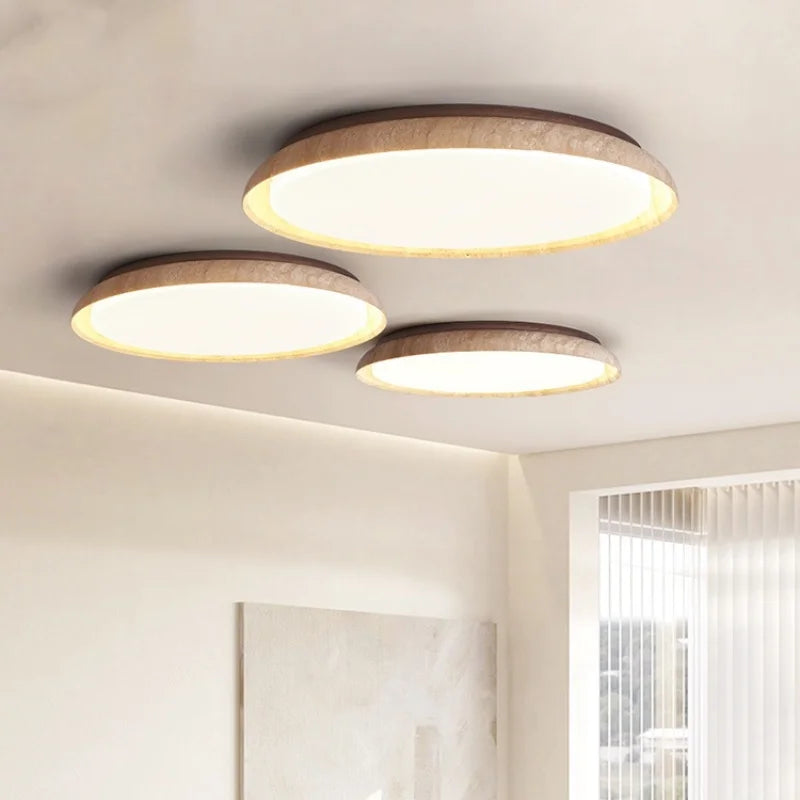 Afralia™ Yellow Travertine Stone LED Ceiling Lamp with Wood Canopy