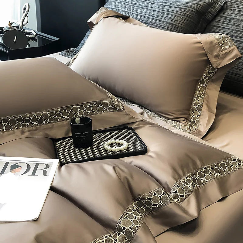 Afralia™ Brown Lace Embroidery Bedding Set, 4Pcs, 1200TC Egyptian Cotton
