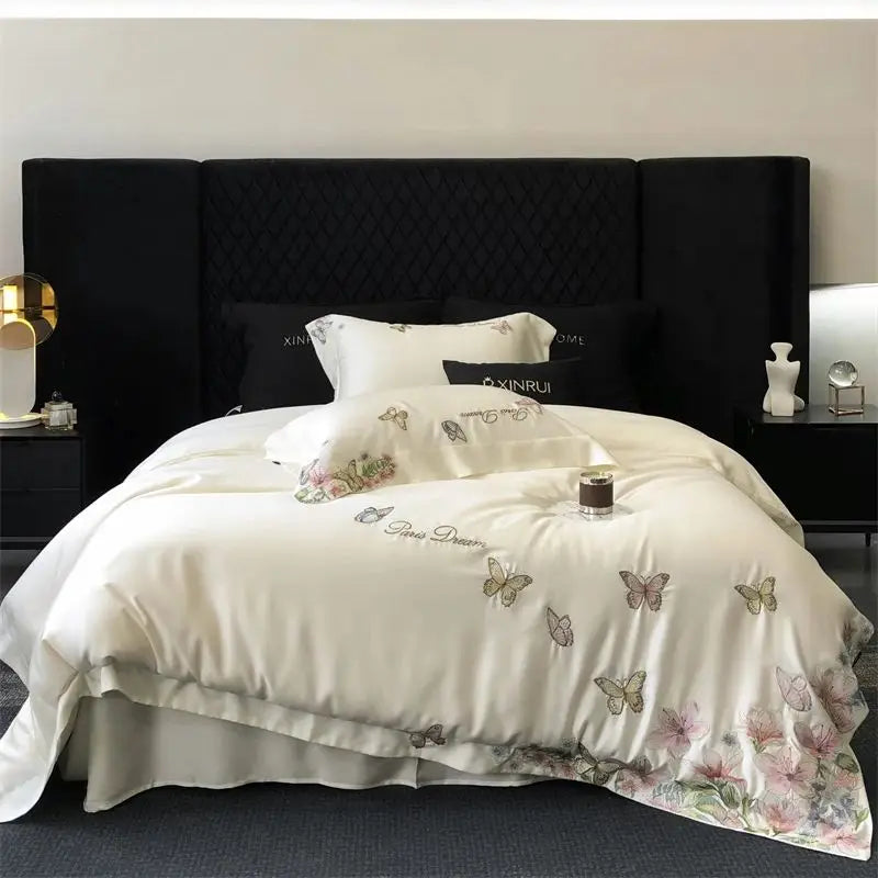 Afralia™ Butterfly Flowers Embroidery Bedding Set: Silky Soft Eucalyptus Fiber Duvet Cover