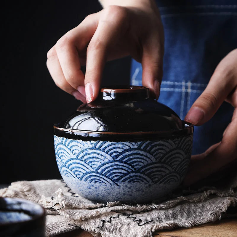 Afralia™ Ceramic Stew Bowl with Lid - Japanese Tableware for Soup, Steamed Egg, and Desserts