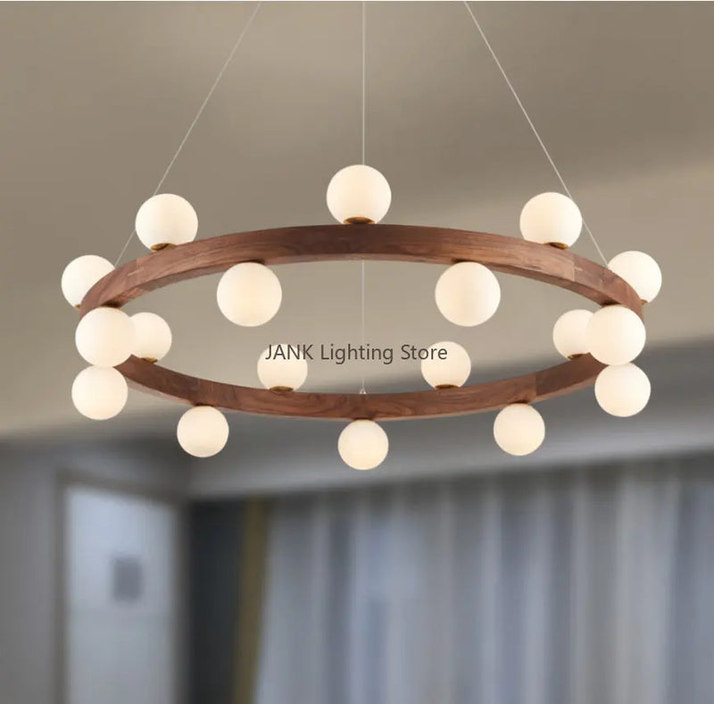 Afralia™ White Glass Ball Walnut Pendant Chandelier for Living Dining Room