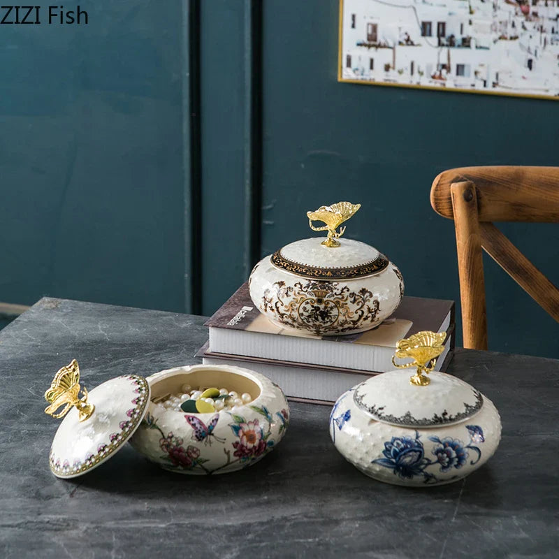 Afralia™ Dragonfly Lid Ceramic Jewelry Box - Round Floral Pattern Storage Jar