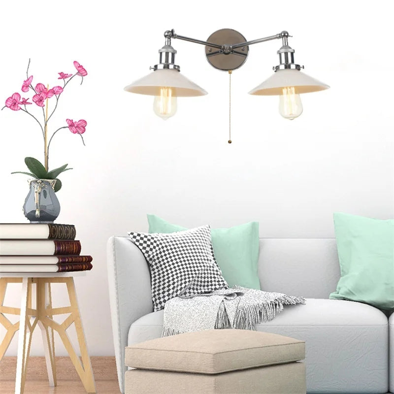 Afralia™ Chrome LED Wall Sconce Pull Chain Switch Industrial Loft Bathroom Mirror Light