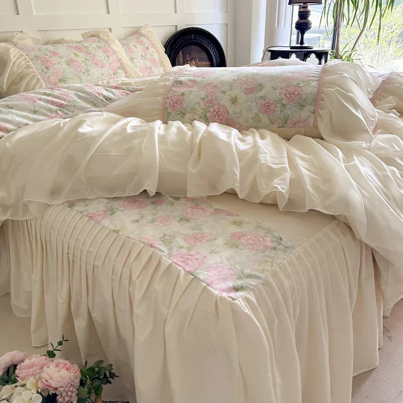 Afralia™ French Lace Ruffles Vintage Bedding Set in 100% Cotton, Single Queen King Size