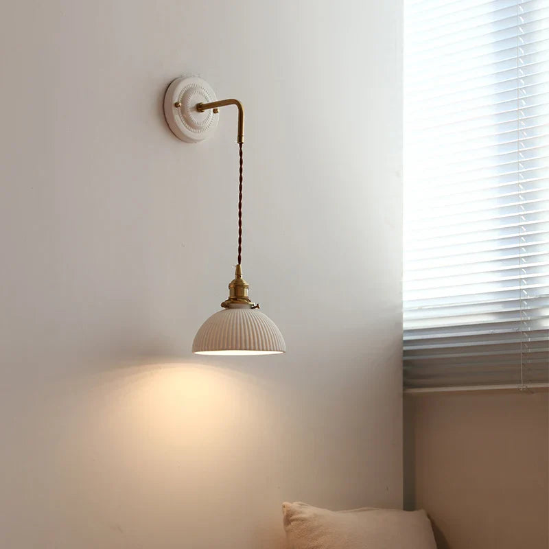 Afralia™ Small Pleats Ceramic LED Wall Light for Bedroom Stair Bathroom with Copper Arm