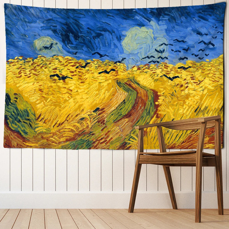 Afralia™ Golden Field Oil Painting Tapestry Wall Hanging - Retro Hippie Art Decor