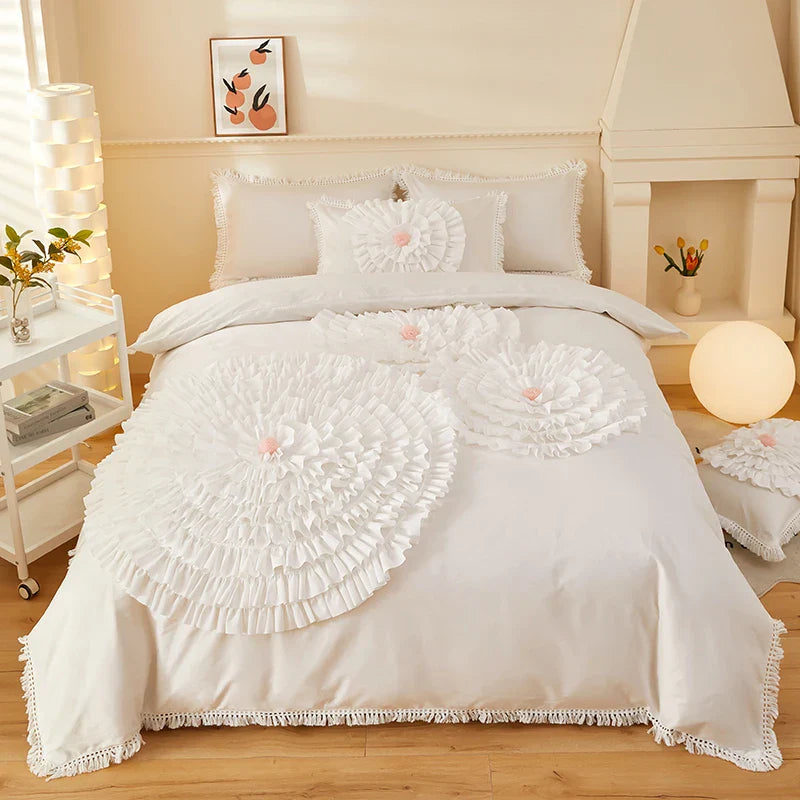 Afralia™ Brushed Cotton Flower Embroidery Bedding Set with Stereoscopic Handwork