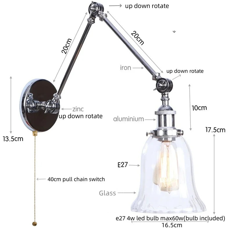 Afralia™ Vintage Loft LED Wall Lights Pull Chain Switch Glass Chrome Wall Lamp