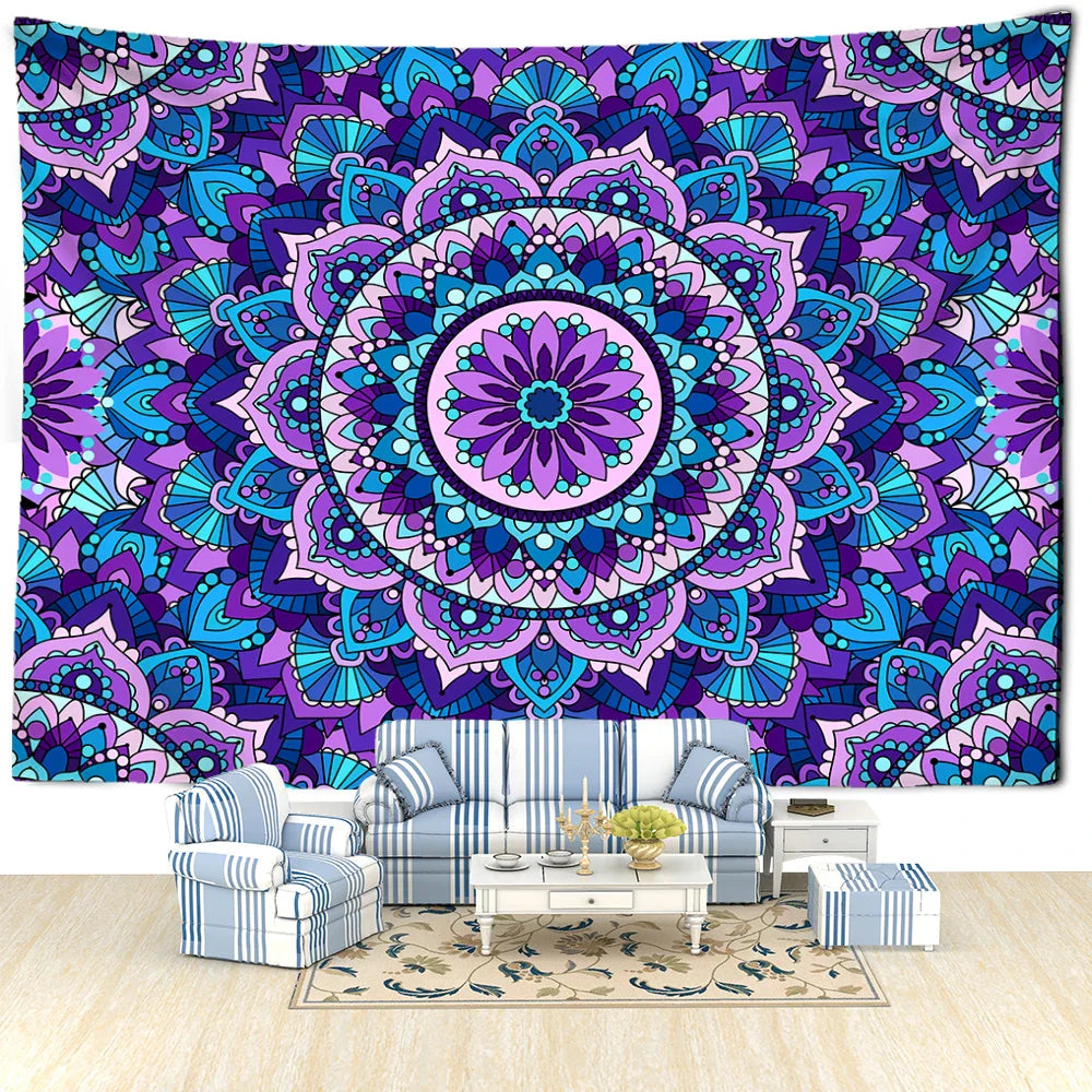 Afralia™ Blue Purple Mandala Tapestry Wall Hanging - Bohemian Abstract Aesthetics