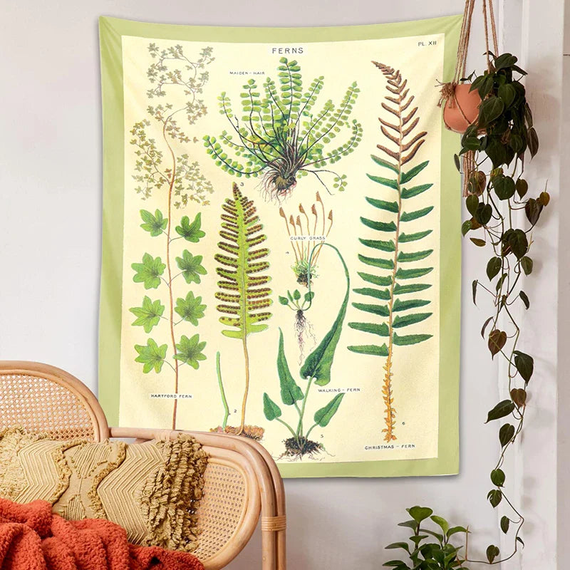 Afralia™ Ferns Tapestry: Botanical Floral Illustration Chart Wall Art - Boho Decor