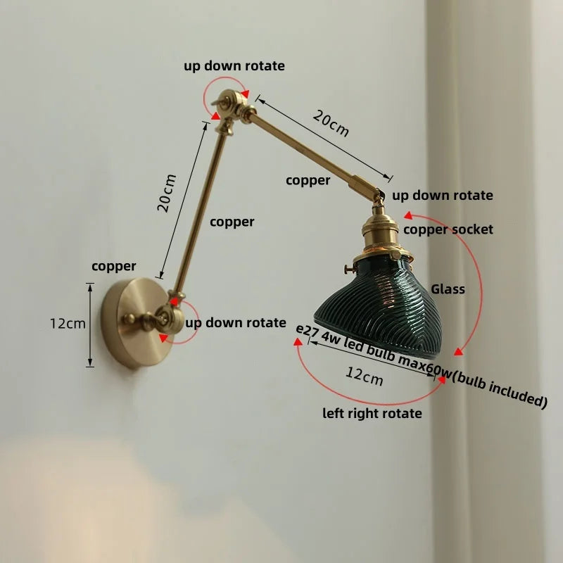 Afralia™ Nordic Green LED Swing Arm Wall Lamp Sconce Glass Walnut Wood Mirror Light
