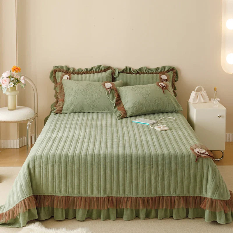 Afralia™ Velvet Lace Ruffles Quilted Bedding Set with Pillowcases
