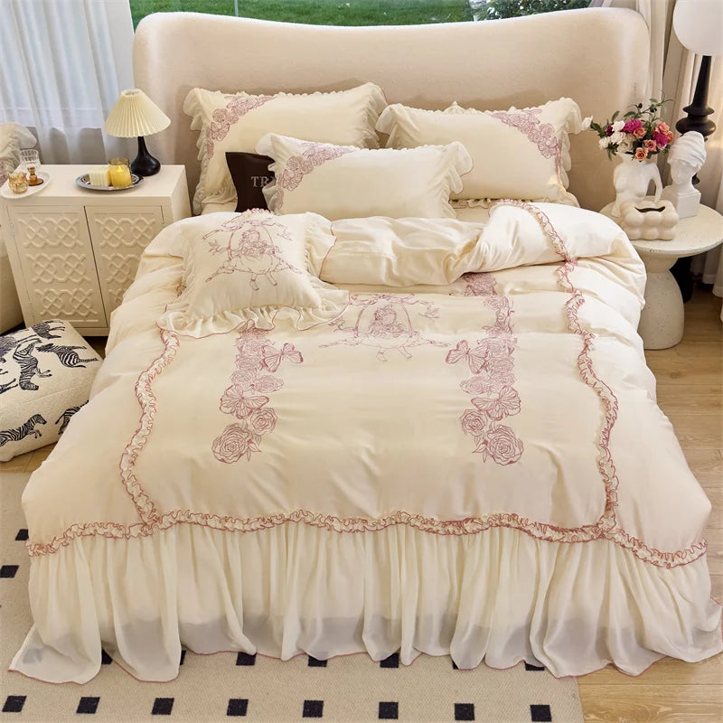 Afralia™ Vintage Rose Butterfly Lace Ruffles Princess Bedding Set: 100S Egyptian Cotton