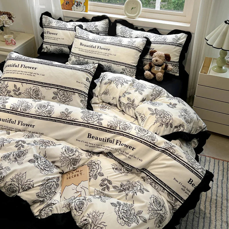 Afralia™ Korean Black White Hepburn Style Bedding Set with Lace Fitted Sheet Set