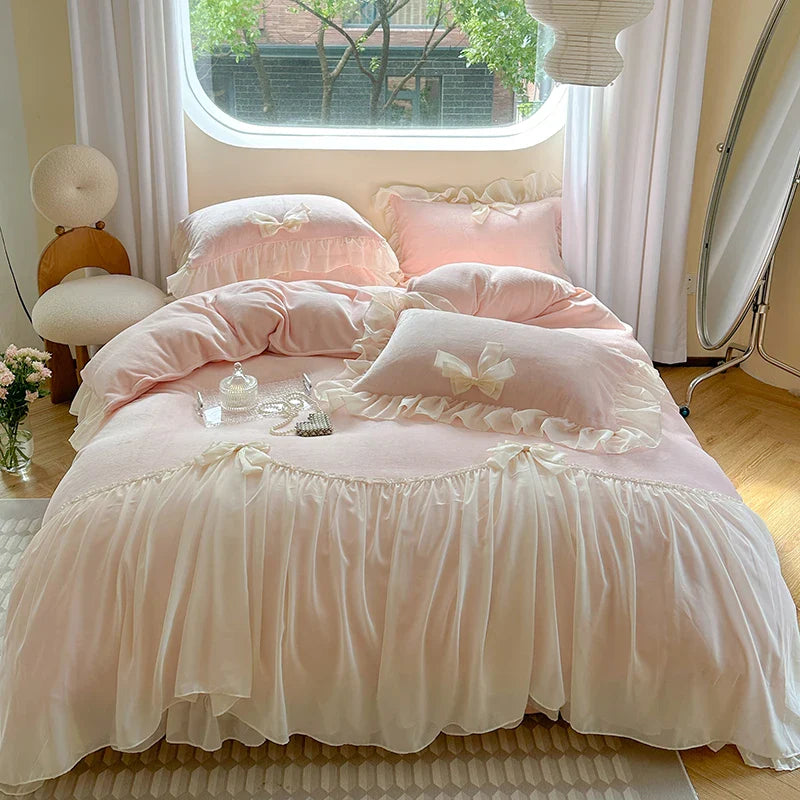 Afralia™ French Princess Lace Ruffles Bedding Set with Velvet Duvet Cover