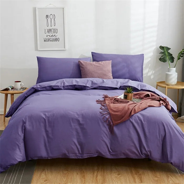 Afralia™ Cotton 4pcs Bedding Set Double Queen Solid Color Duvet Cover Flat Bed Sheet