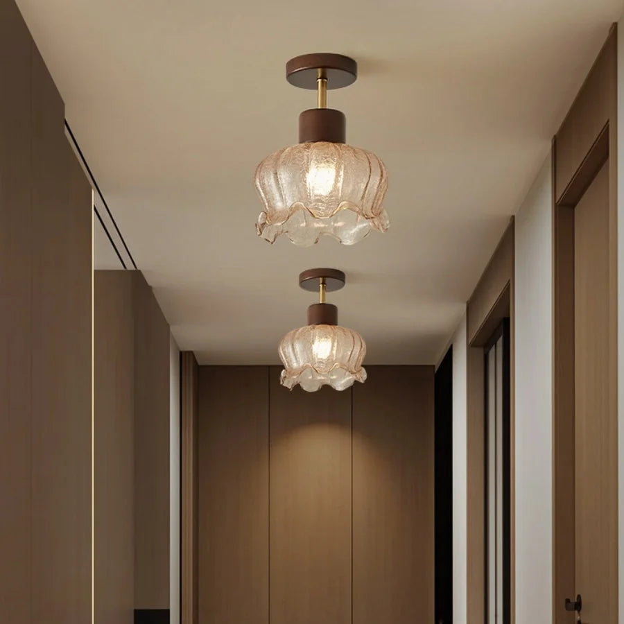 Afralia™ Amber Glass Wood LED Ceiling Light Fixture for Modern Living Room.