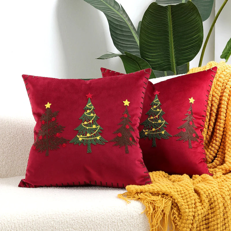 Afralia™ Christmas Patchwork MerryChristmas Cushion Cover Embroidered Velvet Home Decor