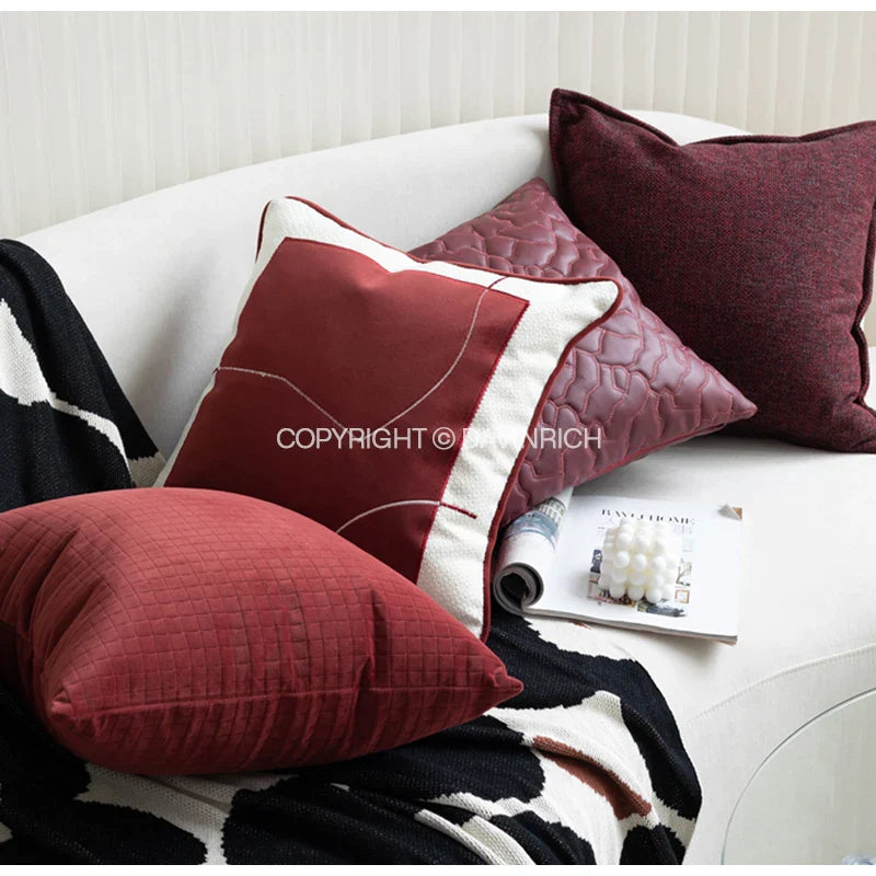 Afralia™ Retro Bordeaux Red Faux Leather Quilted Throw Pillow for Couch Sofa