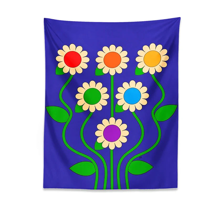 Afralia™ Blue Vintage Daisy Tapestry Wall Hanging Psychedelic Floral Home Decor Art