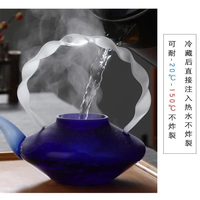 Afralia™ Blue Glass Teapot - Japanese Style Heat-Resistant Twisted Handle Glass Teapot