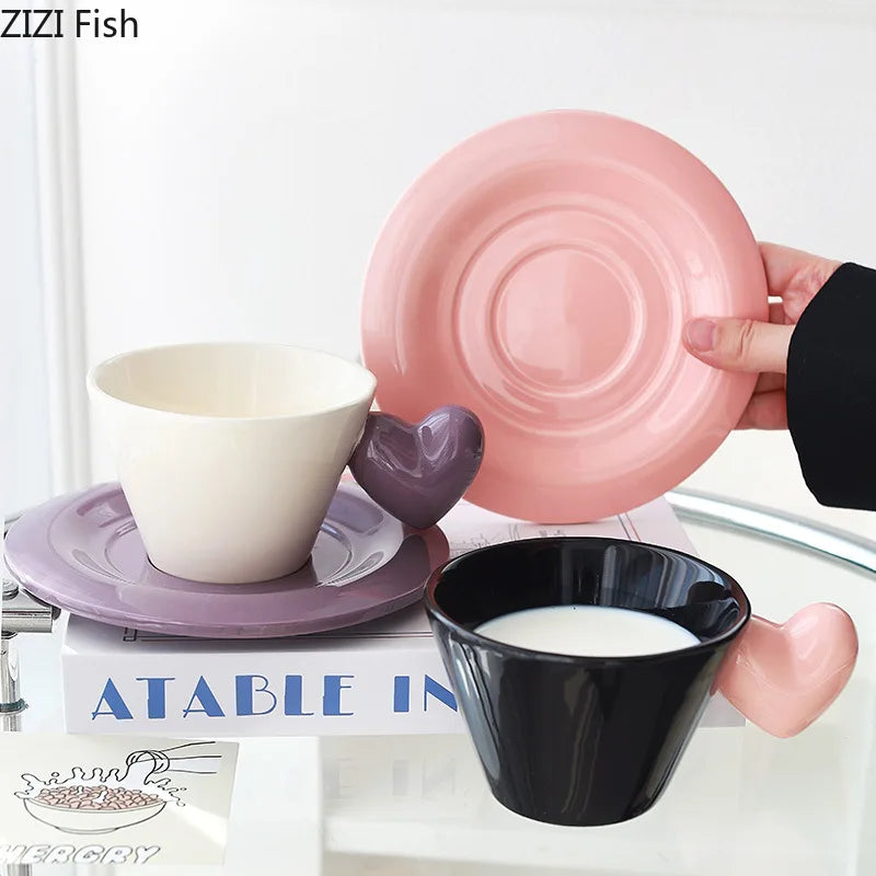 Afralia™ Heart Shape Porcelain Lovers Mug Set Dining Coffee Cup Tea Saucer Juice Cup