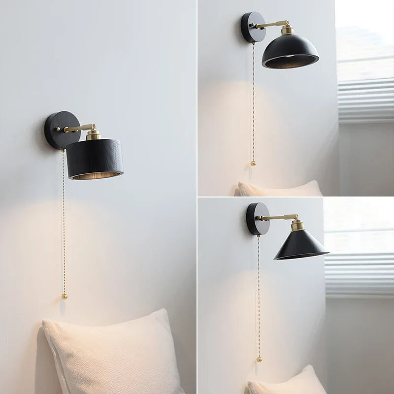 Afralia™ Black Wood LED Wall Light with Pull Chain Switch, Rotating Japanese Style Bedside Lamp