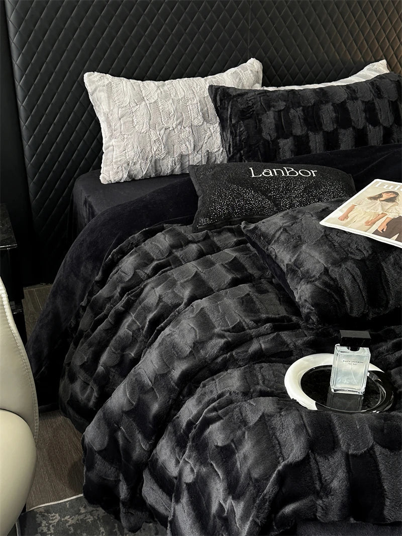 Afralia™ Cozy Faux Rabbit Fur Bedding Set in Black & Grey: Duvet, Sheets, Pillowcases