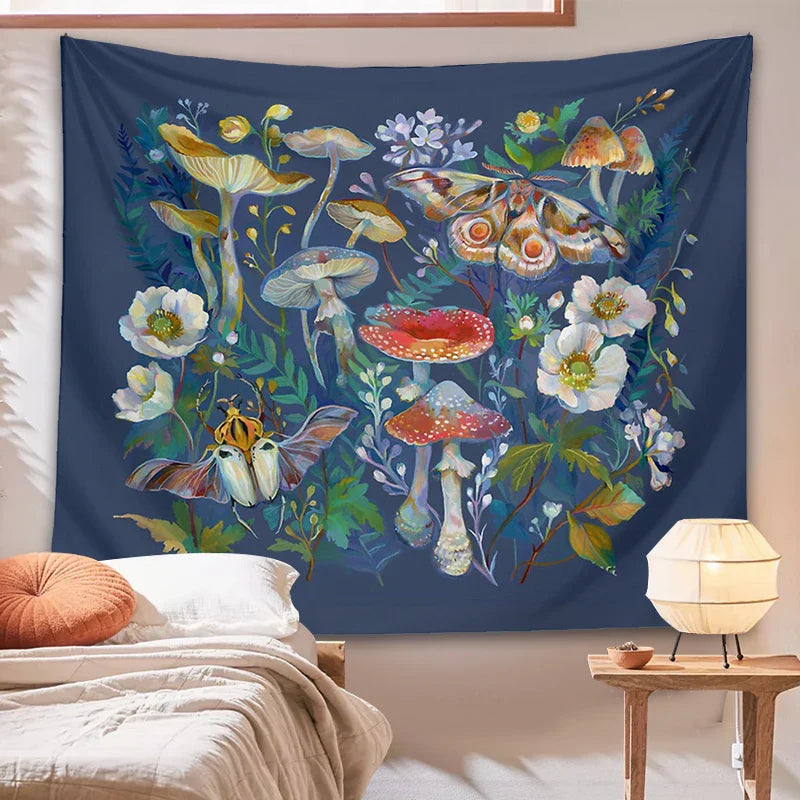 Afralia™ Mushroom Moth Garden Tapestry: Boho Psychedelic Wall Hanging for Botanical Bedroom Decor