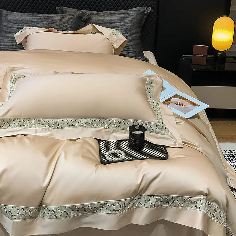 Afralia™ Brown Lace Embroidery Bedding Set, 4Pcs, 1200TC Egyptian Cotton