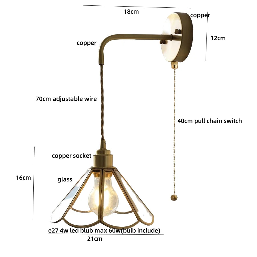 Afralia™ Blue Glass LED Wall Sconce Pull Chain Switch Staircase Tiffany Style Mirror Light