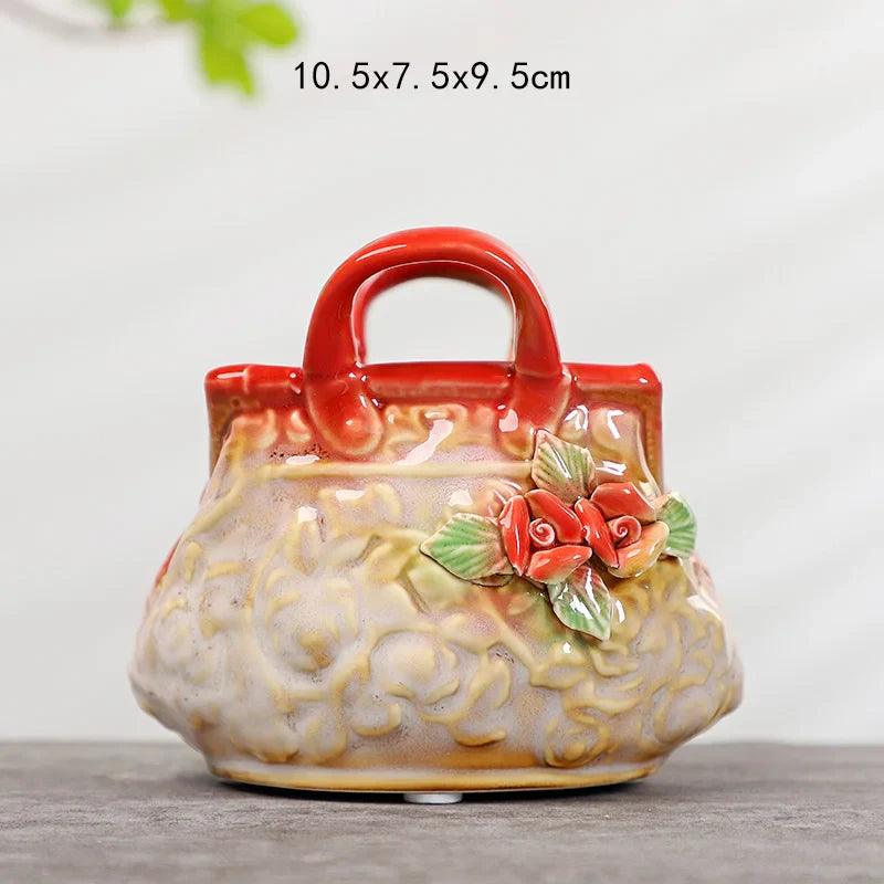 Afralia™ Ceramic Vase Handbag Embossed Flower Arrangement Home Decoration