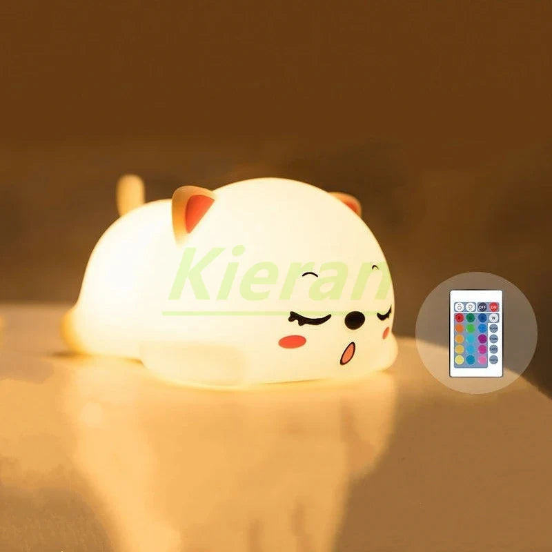 Afralia™ Cat Silicone LED Night Light with Remote, Rechargeable, Touch Sensor