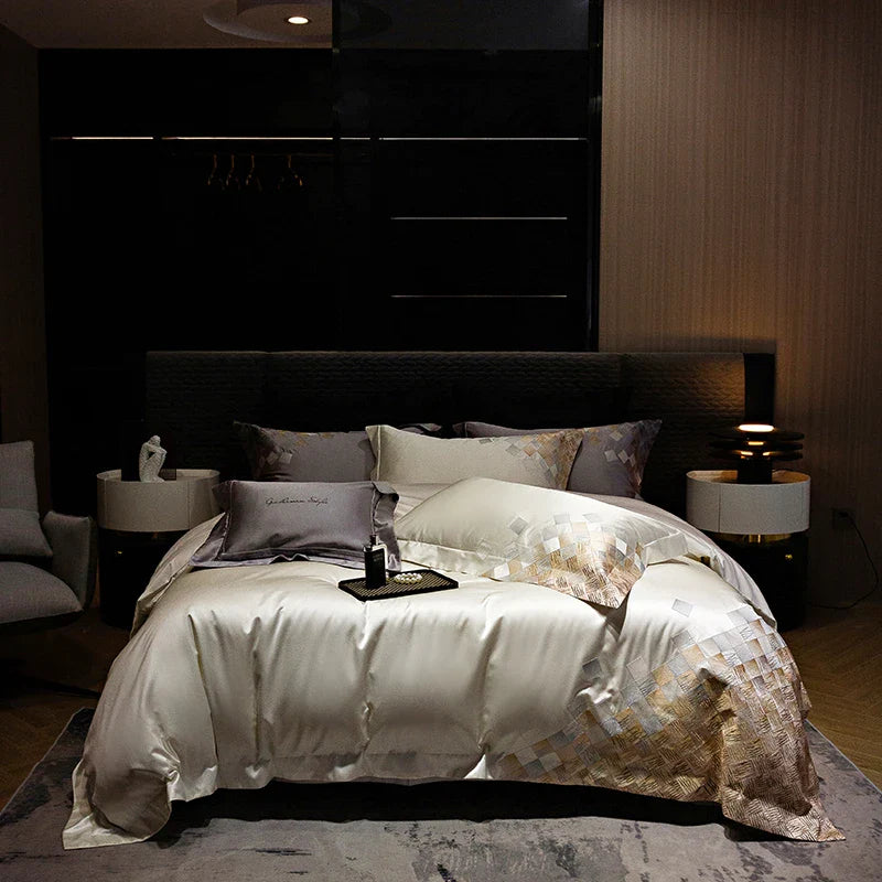 Afralia™ 4-Piece Luxury Embroidery Bedding Set in Pearl White/Grey Satin Brocade Cotton