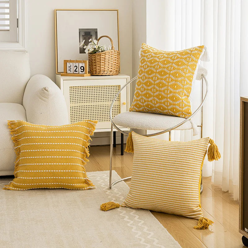 Afralia™ Geometric Tufted Cushion Cover with Crochet Tassels - Nordic Yellow Striped Pillow Cover