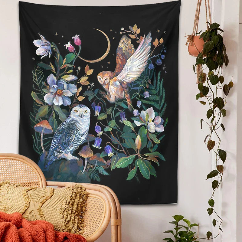 Afralia™ Owls Night Garden Tapestry Wall Hanging - Psychedelic Moon Magic Plant Flower Tapestries